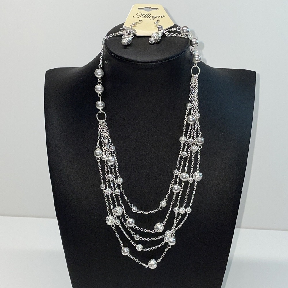 NWT ALLEGRO METAL BEAD SILVER TONE MULTI STRAND NECKLACE & DROP EARRING SET A254